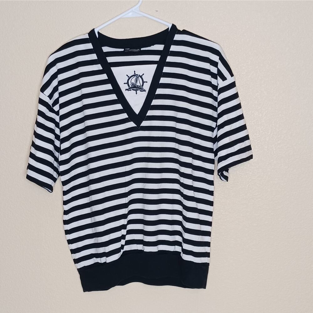 Gotham Top Womens Size S Blue Striped Sailing Sailboat Nautical Short Sleeve 80s